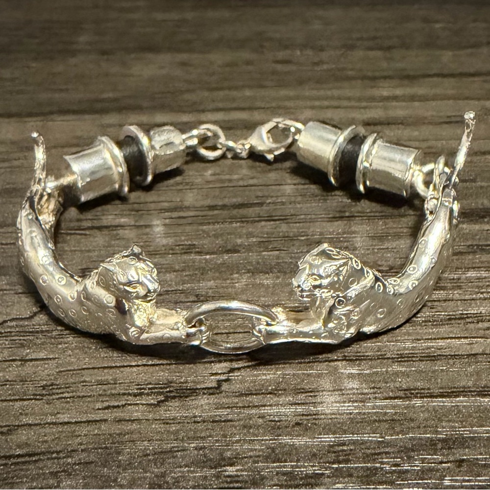 Rare SERGIO BUSTAMANTE Vintage Two Jaguars Sterling Silver Leather Bracelet 7”